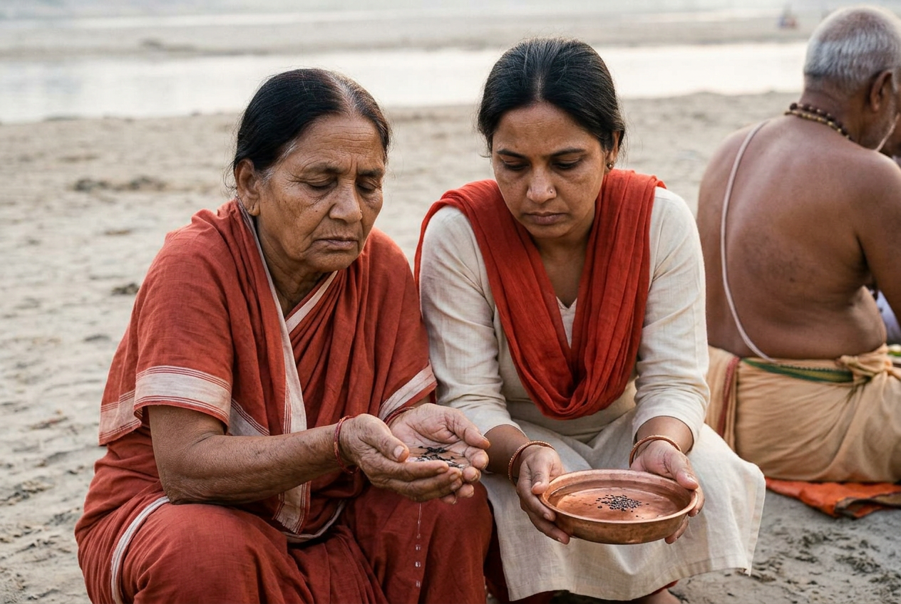 Illustration of two women quietly holding water and sesame during a remembrance ritual by the sandy river