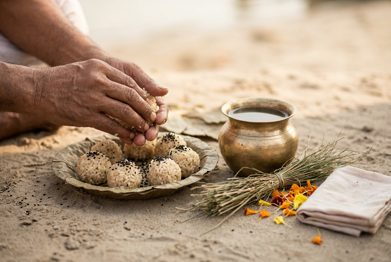 Macro illustration of hands shaping rice pindas beside sesame, kusha grass, leaf plate and a brass water vessel