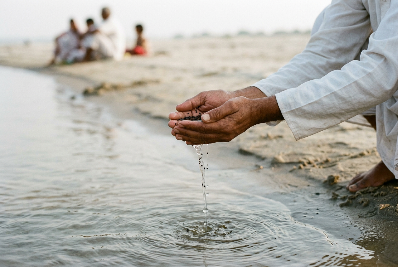 Illustrative closeup of water and sesame falling from cupped hands into shallow river water during tarpan