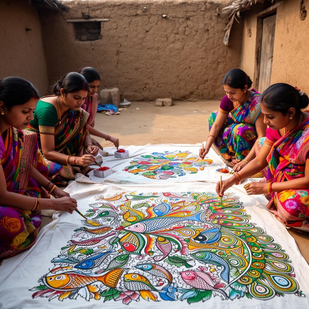 Women painting Madhubani motifs on cotton fabric in a Ranti courtyard