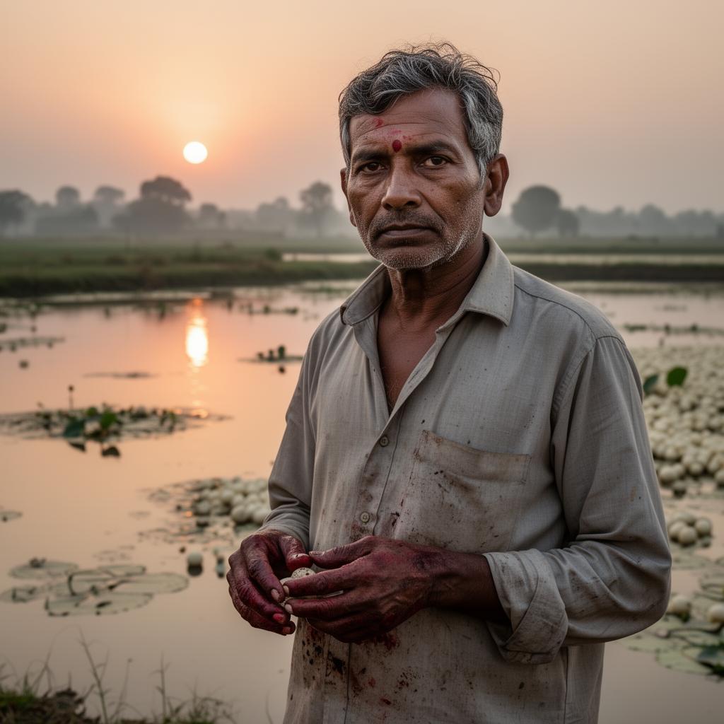 A Mithila farmer cooperative leader standing by a makhana pond at sunset