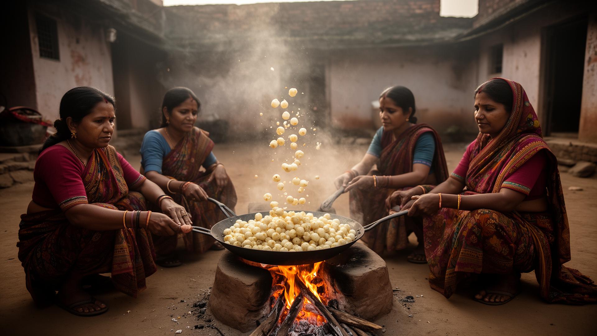 Women in a Mithila courtyard roasting and popping makhana seeds on an iron pan over a clay stove