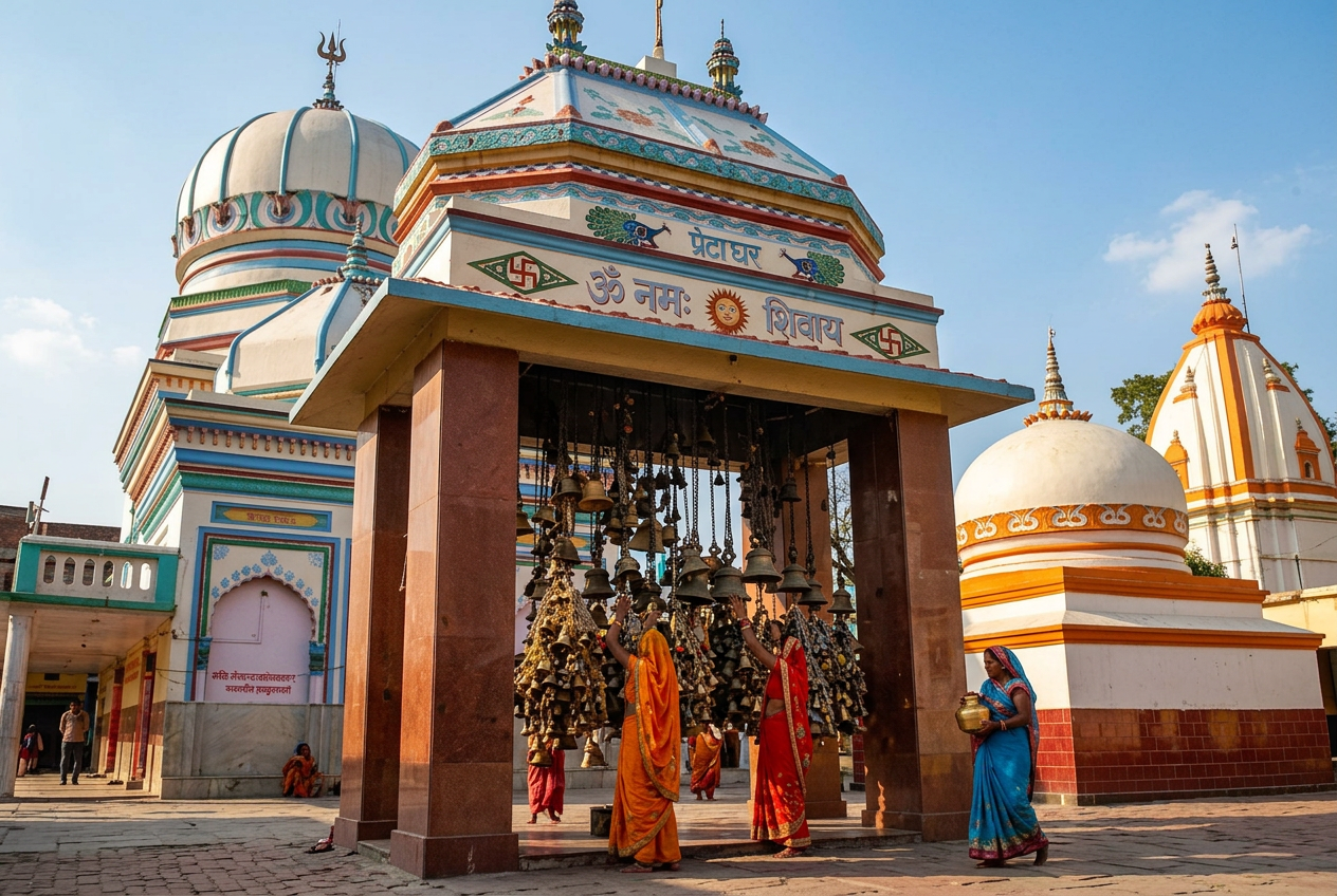 The pillared entrance mandapa at Mehdar Dham, its ceiling hung with hundreds of brass bells, with the painted onion domes of the temple rising behind