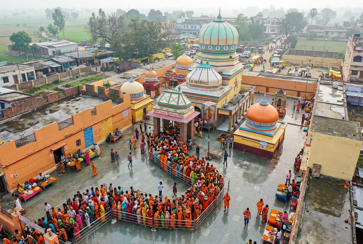 An elevated view of the Mehdar Dham courtyard on a Shravan Monday, with a barricaded serpentine queue of thousands of devotees in saffron winding toward the temple gateway