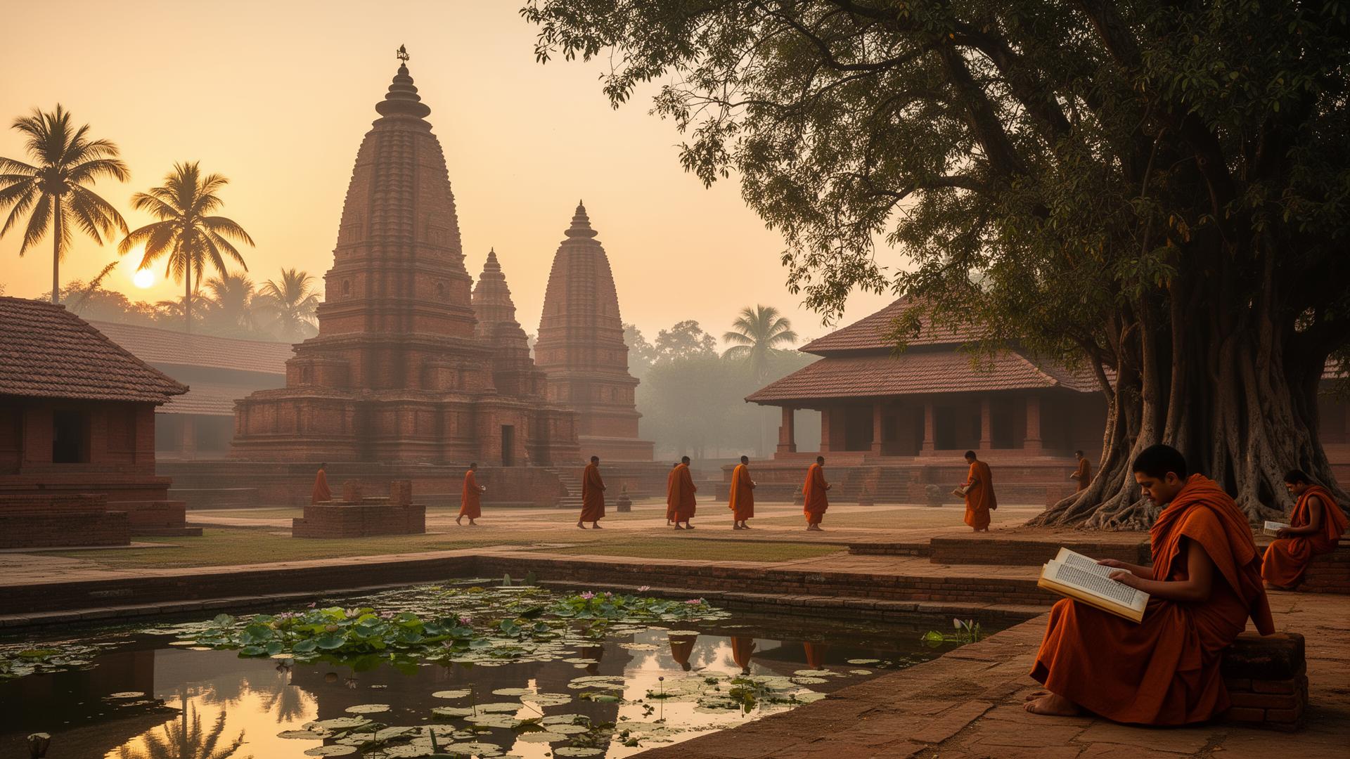 Imagined reconstruction of Nalanda Mahavihara at dawn in the 7th century — monks, stupas, lotus ponds