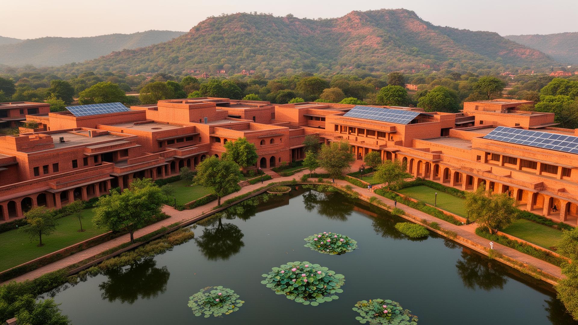 Aerial view of the new Nalanda University campus in Rajgir, designed by Vastu Shilpa Sangath