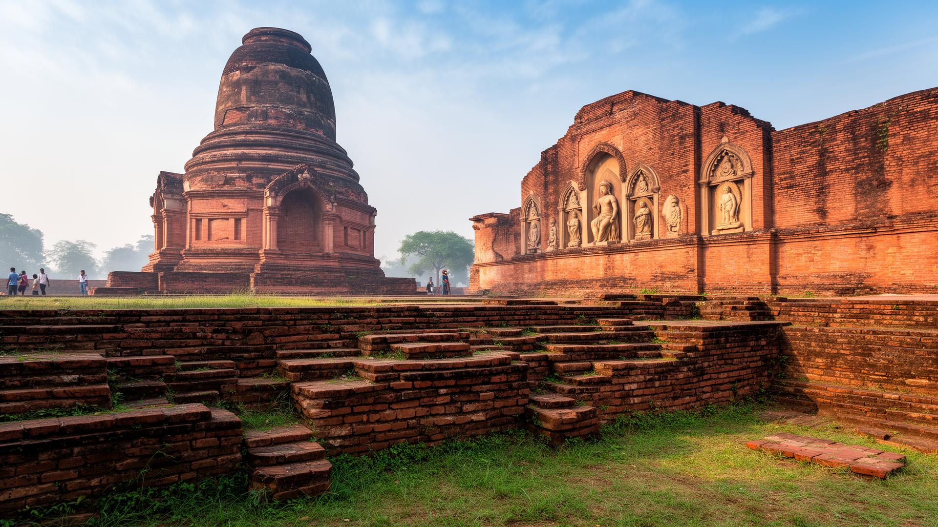The archaeological ruins of Nalanda Mahavihara — the Sariputta stupa and surviving brick walls with Buddha niches