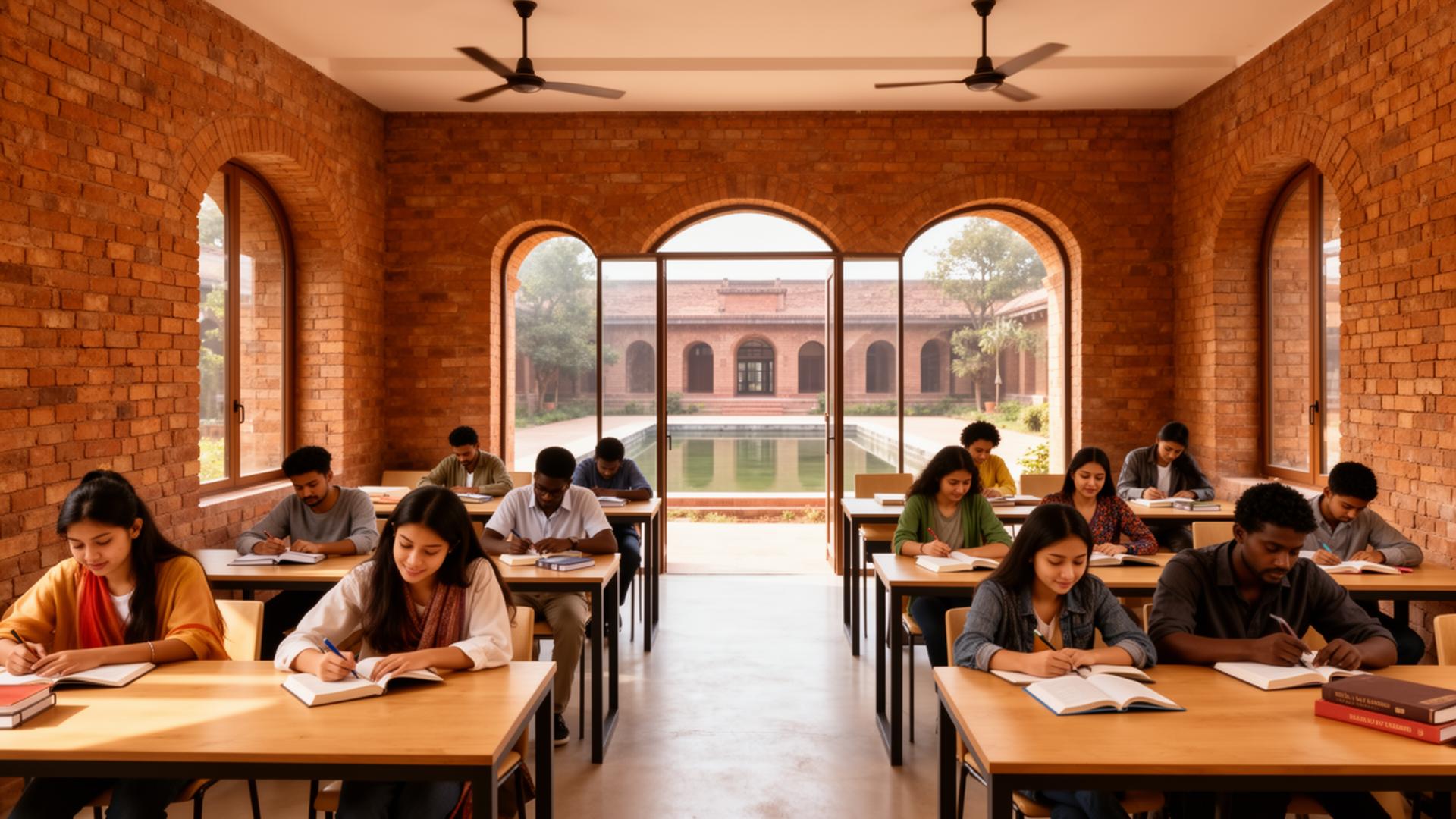 Students from multiple countries studying in a brick-vaulted classroom at the new Nalanda University