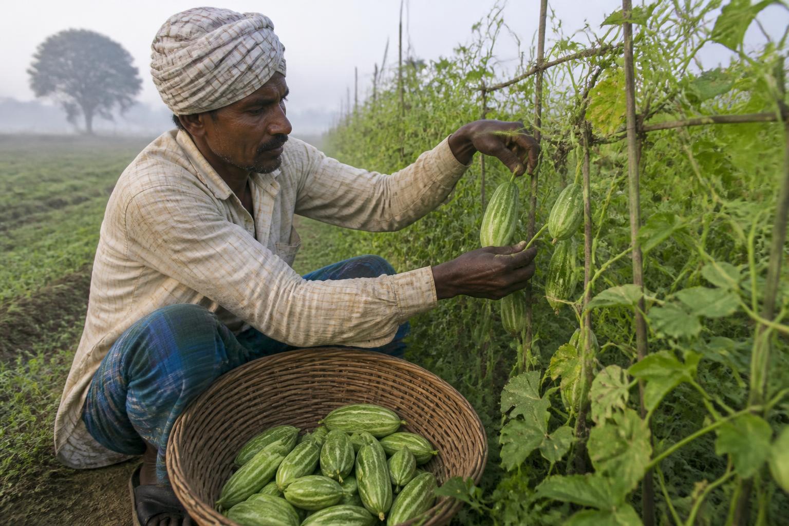 A farmer harvesting pointed gourd from a trellised vine in a misty Bihar field at dawn
