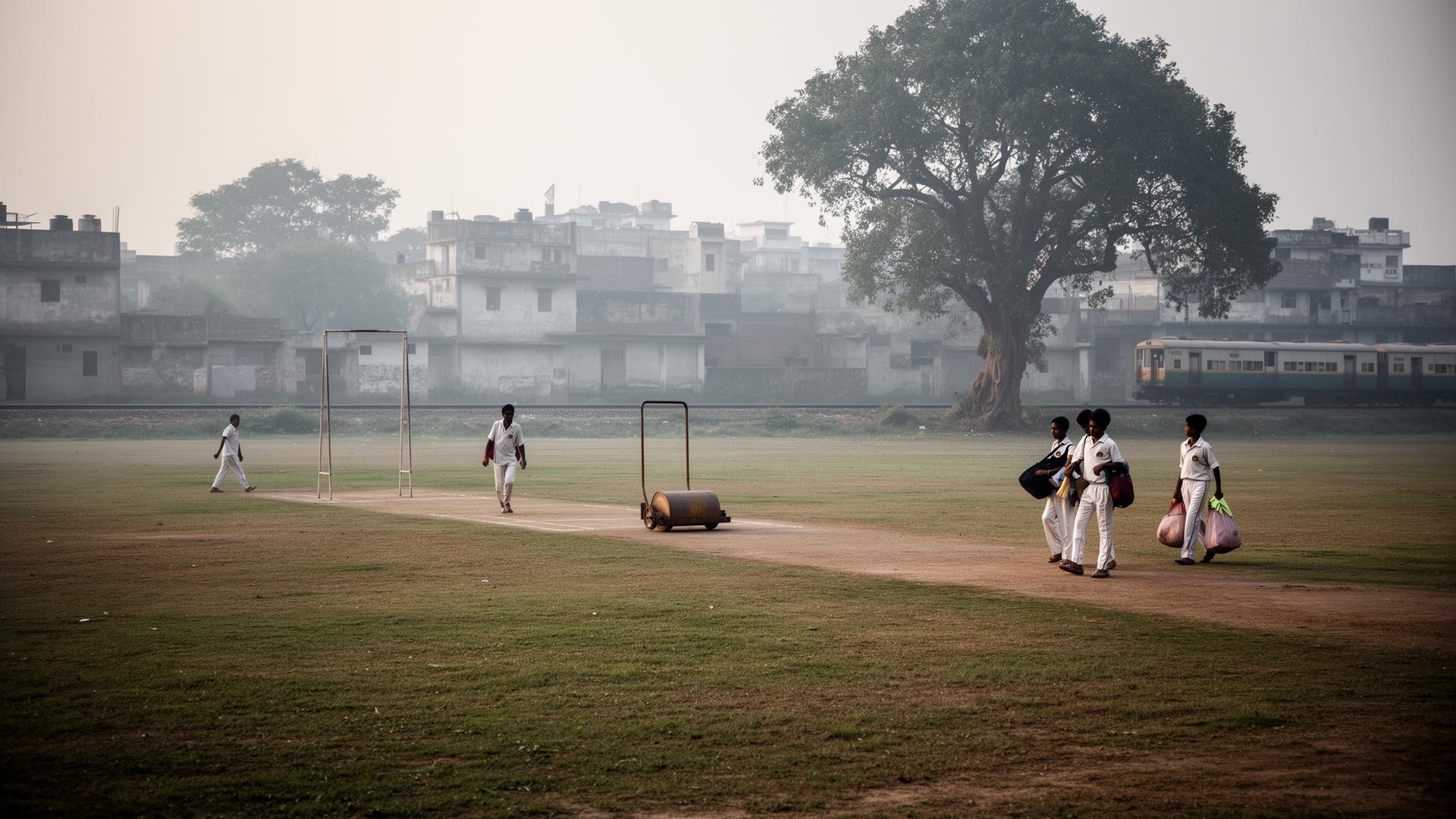 A small-town cricket ground in Bihar at dawn — patchy grass, a roller, young boys with kit bags walking past