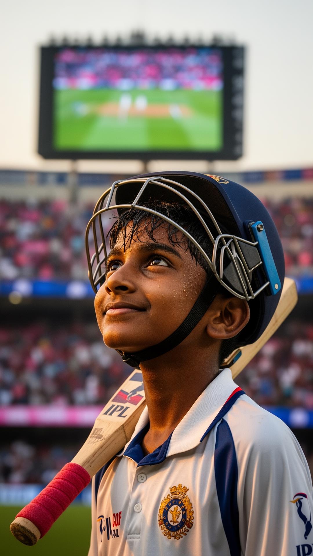 Close portrait of a young teenage cricketer in helmet looking up at the stadium scoreboard