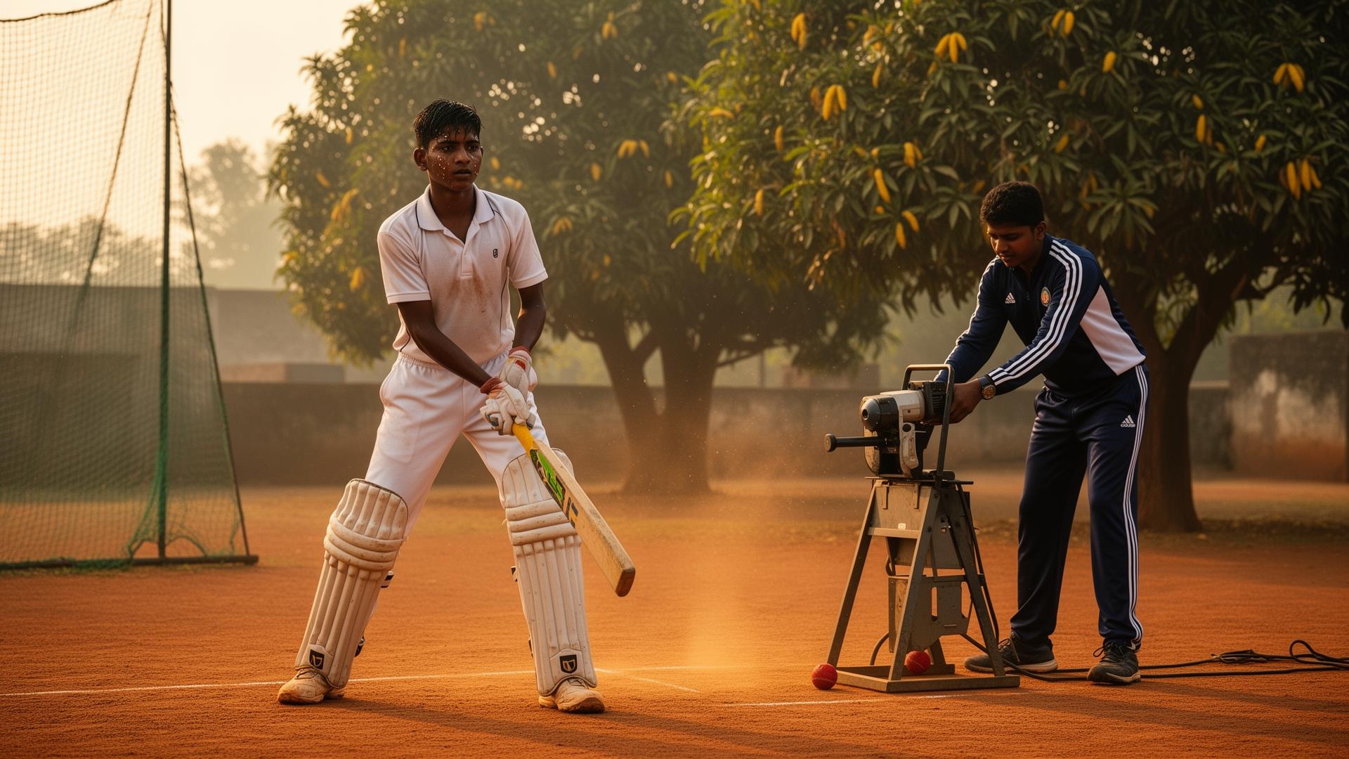 A teenage cricketer at dawn practice with a bowling machine in a small Bihar academy