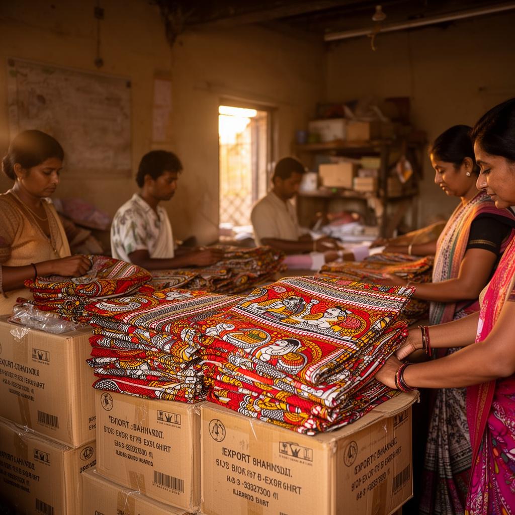 Finished Madhubani textiles being packed for export